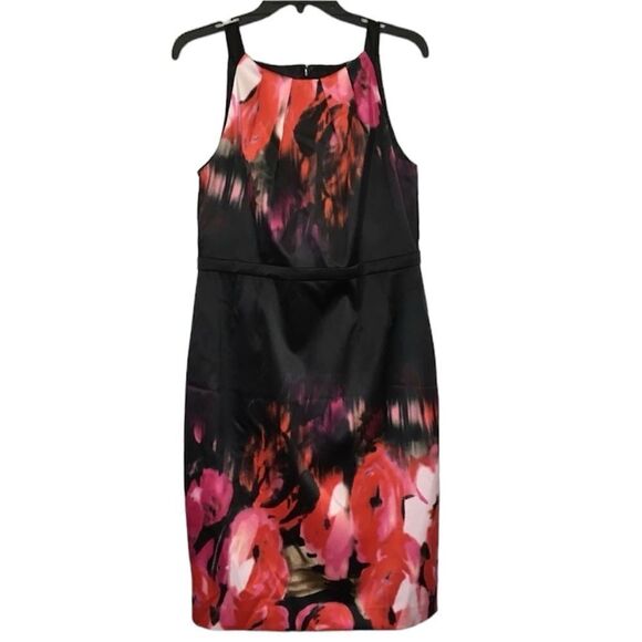 $238 TAHARI SATIN BLACK PINK FLORAL SLEEVELESS ALINA SHEATH DRESS 12 ARTSY - Picture 1 of 14